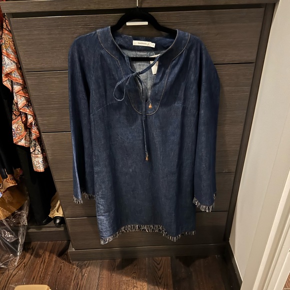 ZIMMERMANN Rhiannon Tie-detailed Frayed Denim Jean Mini Dress Tunic Coverup 0 XS - Picture 5 of 7